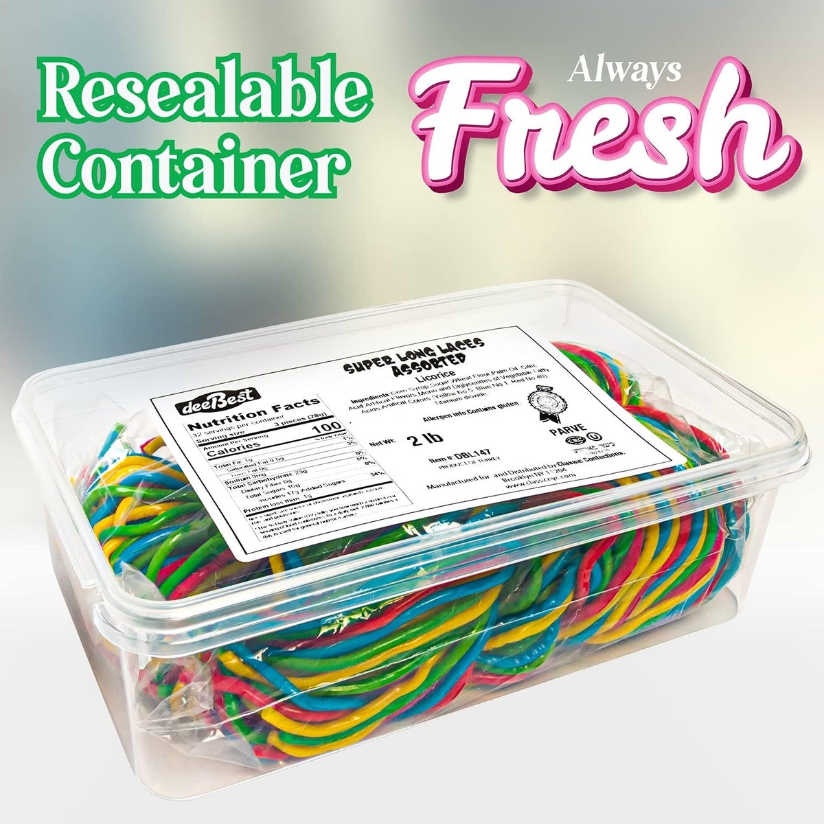 Thirty two ounce bulk packaging of authentic USA imported Dee Best red string licorice candy.