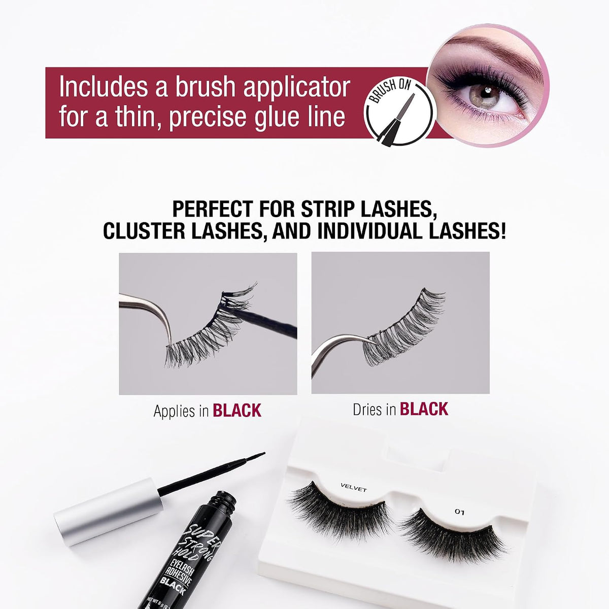I-ENVY strip lash adhesive box showing 48-hour hold details