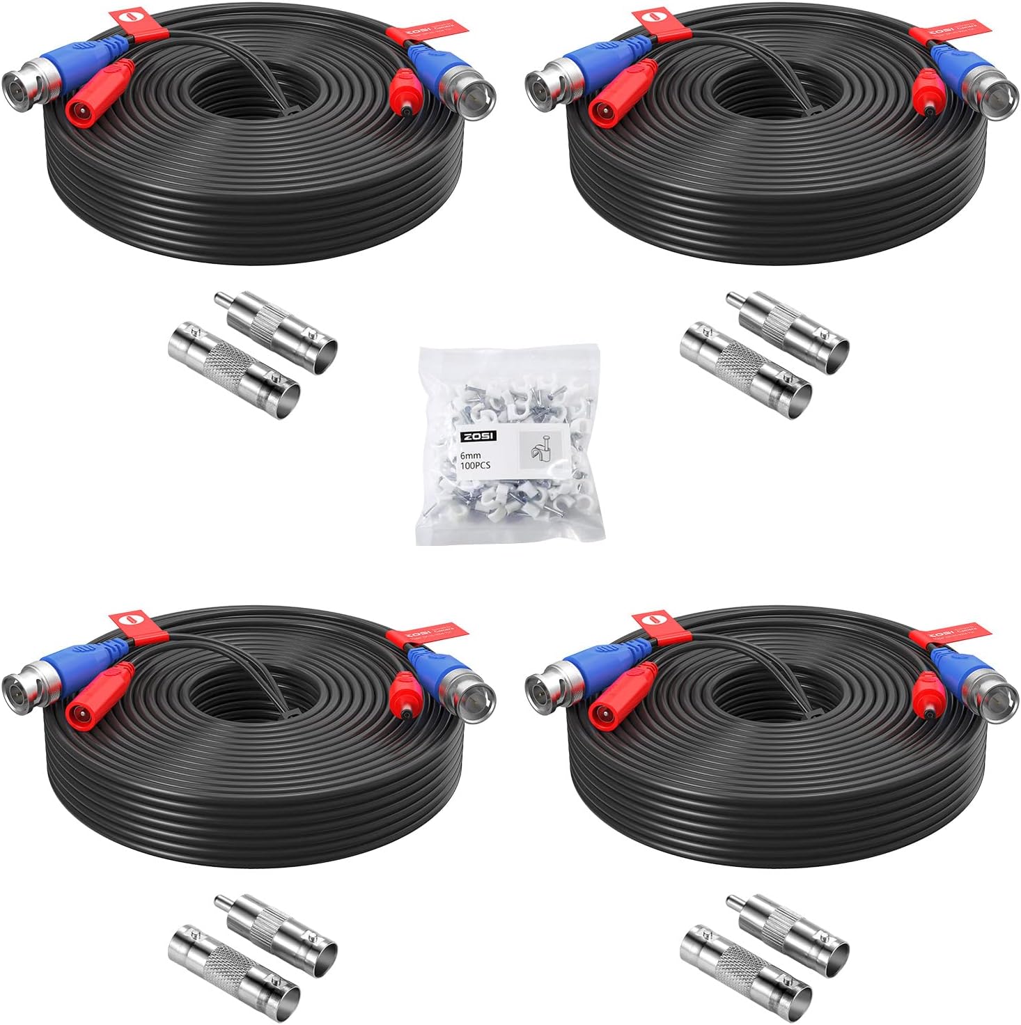 ZOSI 4 Pack 100 Foot BNC Video Power Cable front view showing black coils and connectors.