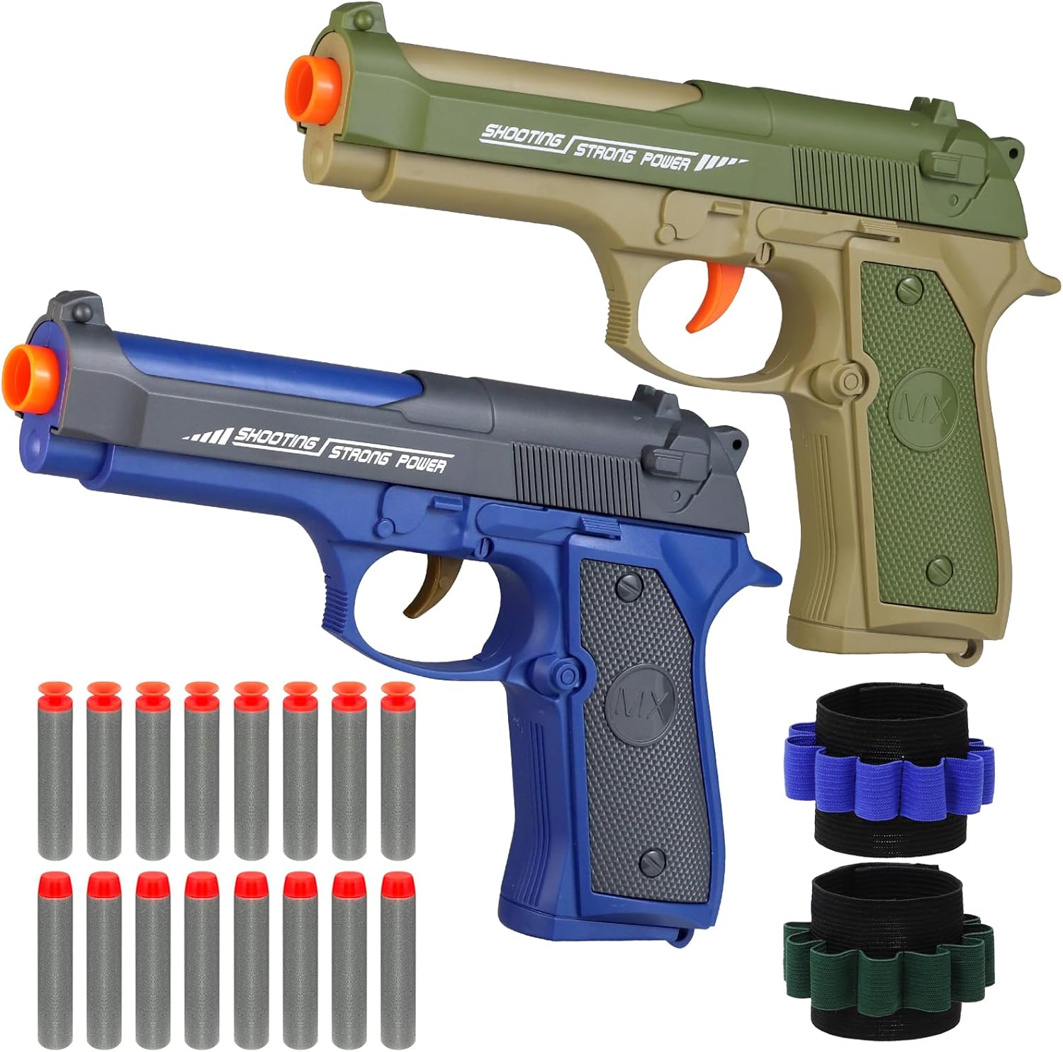 Think Wing 2 pack blaster toy guns front view showing blue and green pistol designs