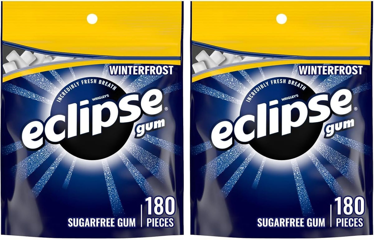 Eclipse Winterfrost mint gum bag showcasing the eight point eight ounce weight