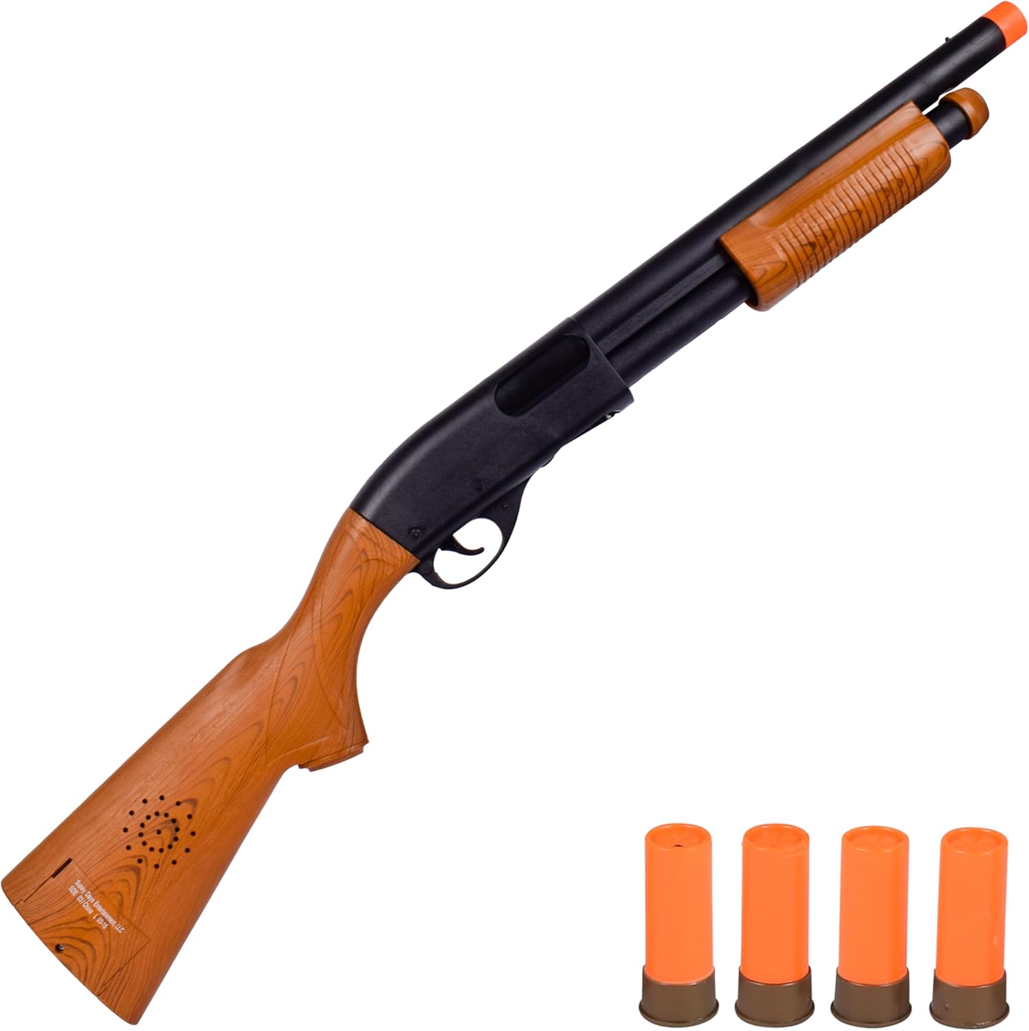 Sunny Days Entertainment Maxx Action Pump Action Toy Blaster front view showing wood grain finish.