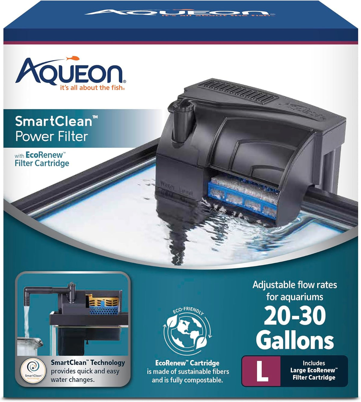 Aqueon SmartClean Power Filter front view for aquarium filtration