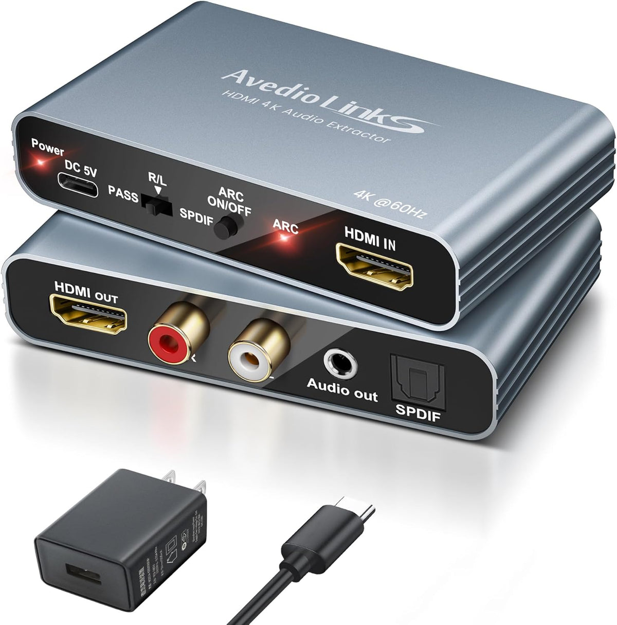 Avedio Links HDMI ARC audio extractor 4K60Hz front view showing aluminum casing and status indicators.