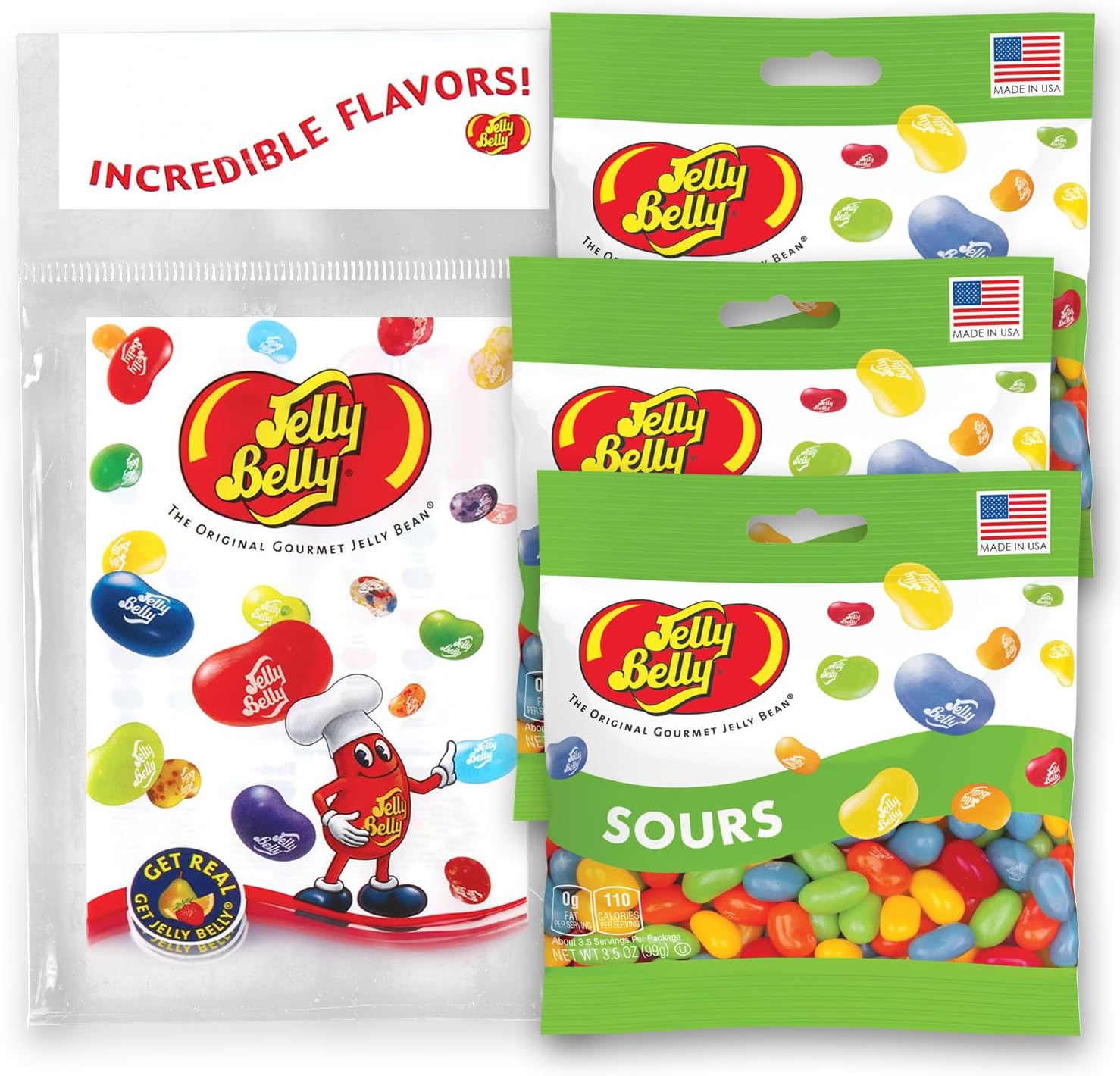 Think FWD Jelly Belly Sours Mix front view showcasing three snack bags.