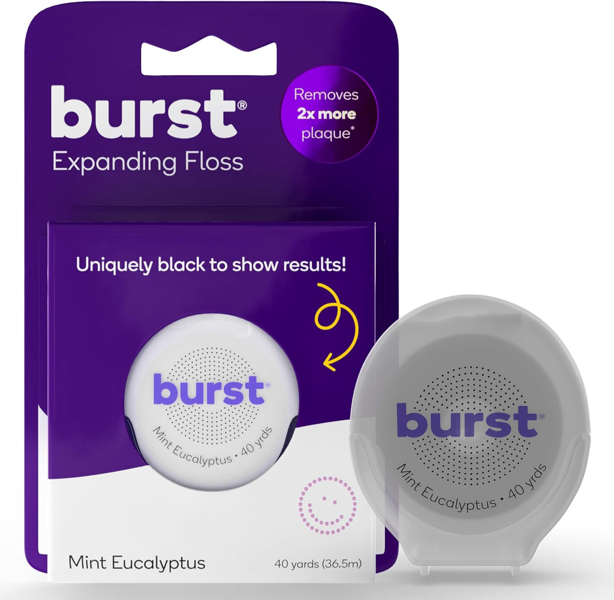 BURST Expanding Dental Floss Mint Eucalyptus front view packaging showing black woven thread