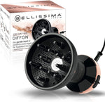 Bellissima Italia Diffon Ceramic Diffuser Hair Dryer front view showing the rose gold accents and integrated bowl.