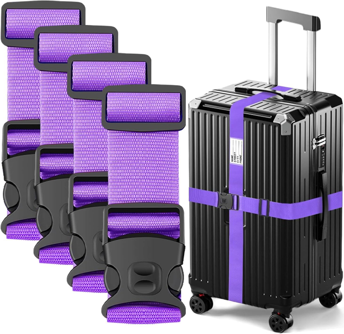 Complete 4-pack set of vibrant travel luggage straps