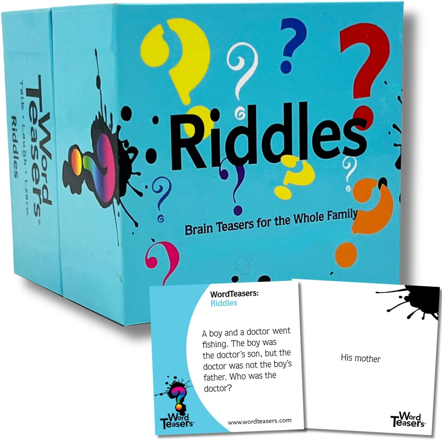 Word Teasers Riddles card game front view box packaging for family game night.