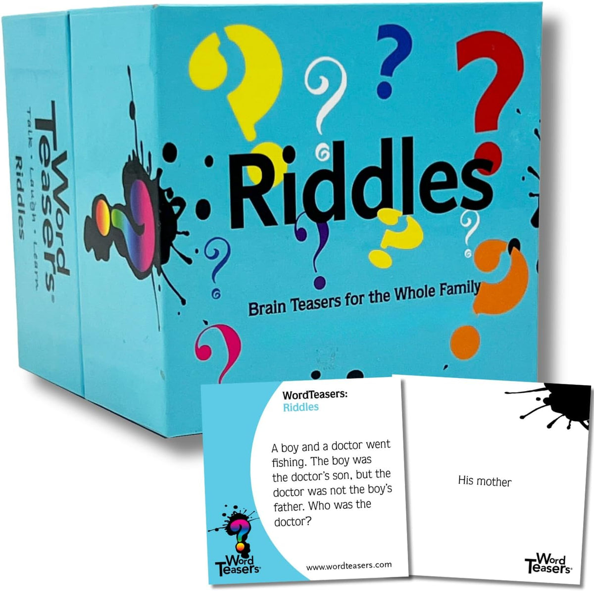 Word Teasers Riddles card game front view box packaging for family game night.