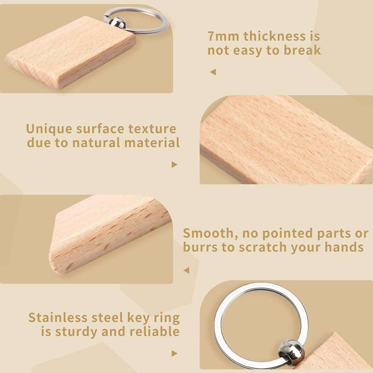 Fuceury blank wooden key chain close up of metal split ring attachment