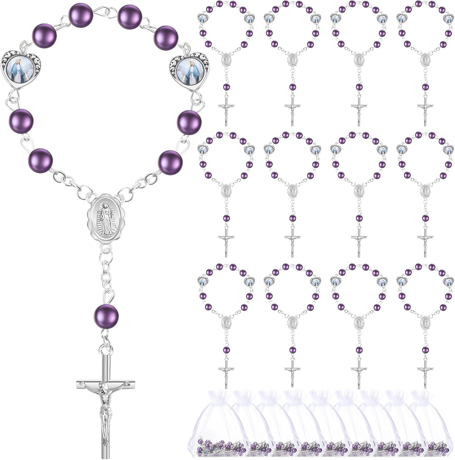Misdary baptism mini rosary purple faux pearls front view