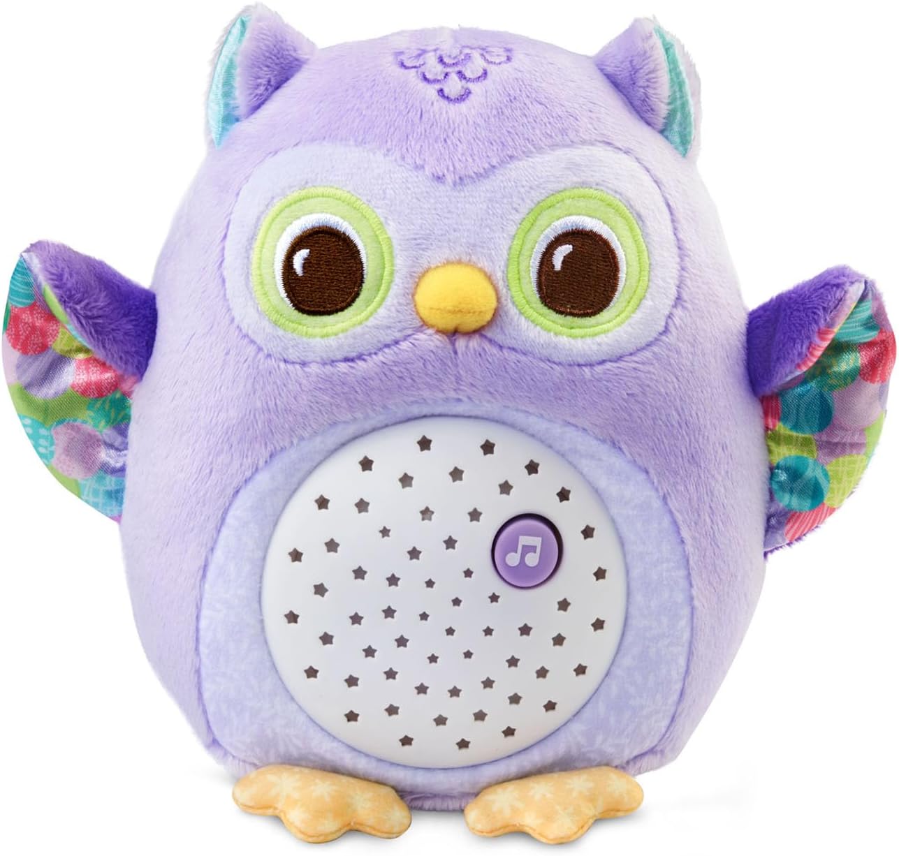VTech Baby Glow Little Owl Sleep Soother front view showing purple plush body and star filled tummy