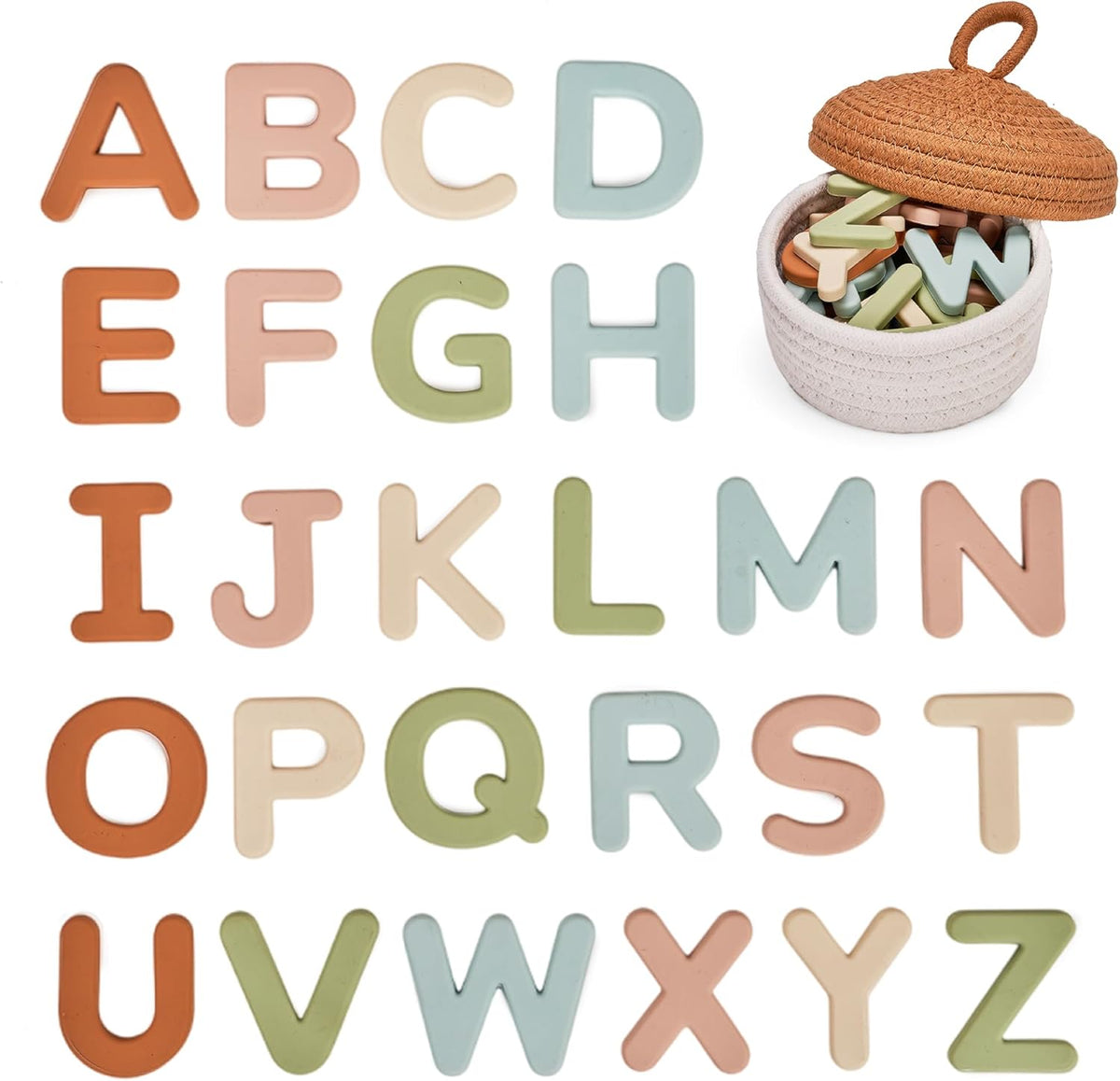 JoyCat Silicone Alphabet Magnetic Letters front view in storage box