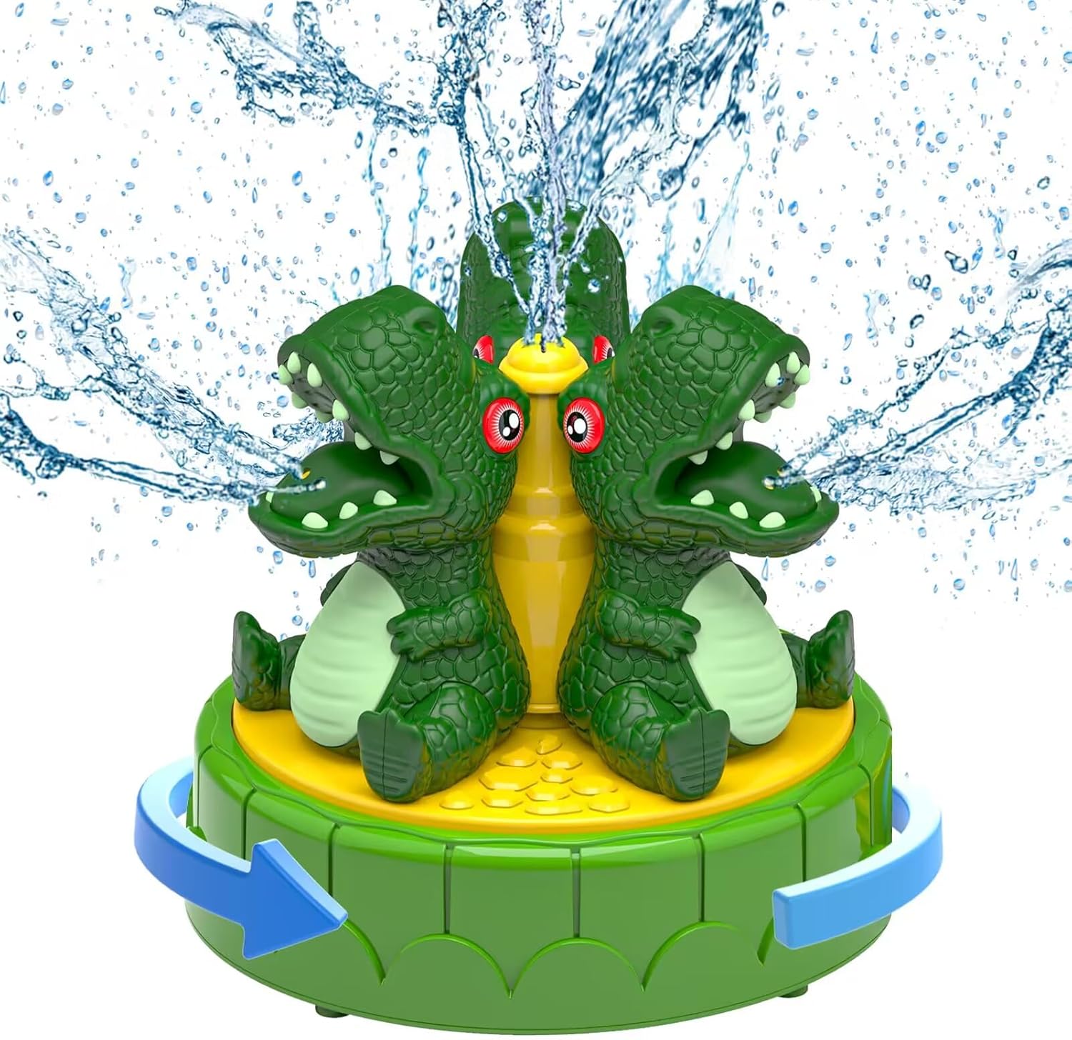 Oiimllby dinosaur water sprinkler front view showing dark green rotating base on backyard lawn