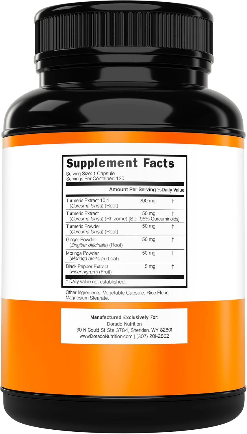 Dorado Nutrition supplement label highlighting 95% curcuminoids