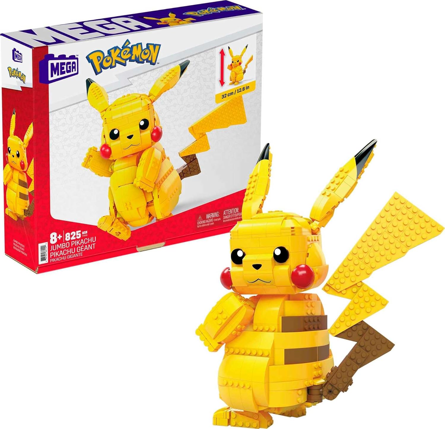 Mega Bloks MEGA Pokémon Jumbo Pikachu building toys set front view showcasing the completed twelve inch poseable figure.