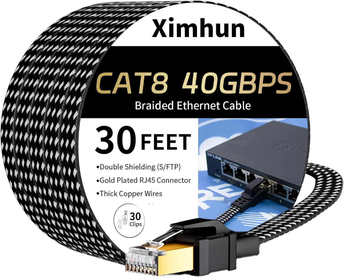 Ximhun Cat 8 Ethernet Cable front view packaging and cord
