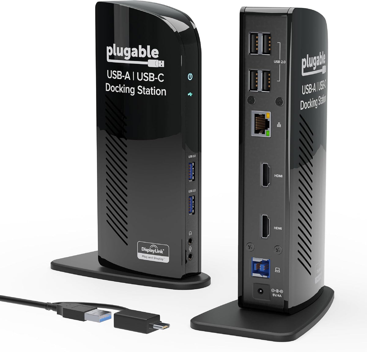 Plugable UD-3900 Universal Laptop Docking Station front view showing USB 3.0 ports and audio jacks for office productivity setups.