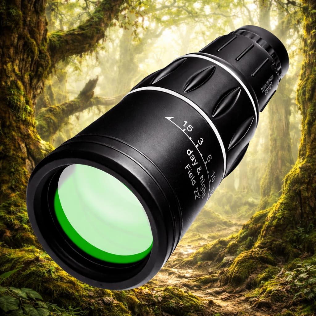 Generic high power monocular telescope front view showing the fifty millimeter multi-coated objective lens.
