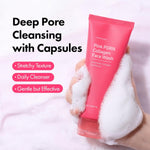 Gentle blackhead and pore care cleanser creamy foam lather being applied for radiant glass skin.