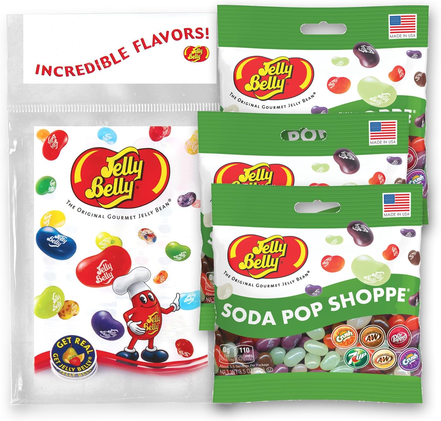 Jelly Belly Soda Pop Shoppe jelly beans three pack front view showcasing authentic American candy packaging.
