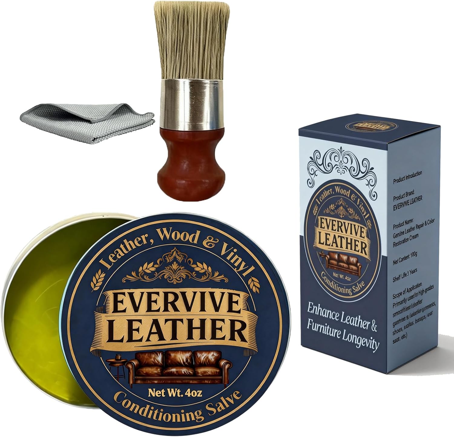 Evervive Leather and Wood Restoring Salve 4 Ounce tin and brush kit front view
