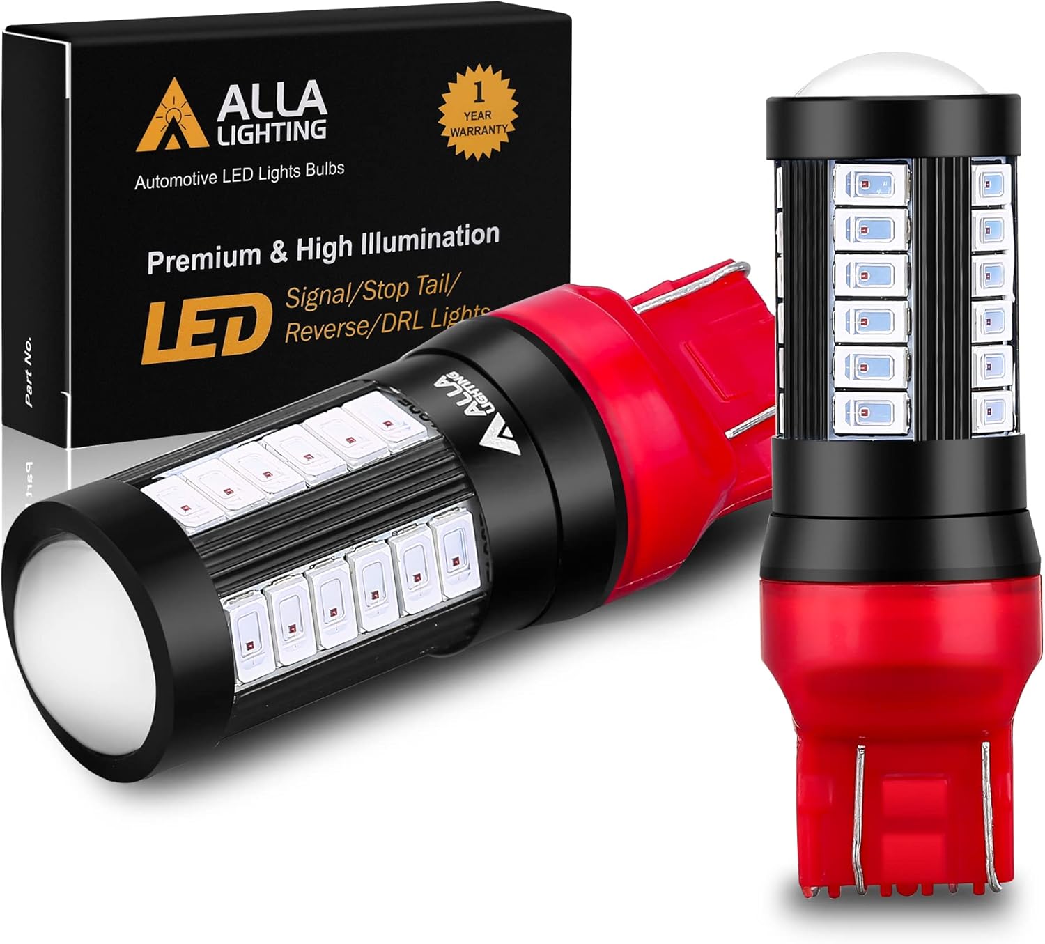 Alla Lighting T20 7443 red strobe LED brake lights front view showing the 33-SMD chips and integrated projector lens.