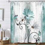 VeiVian rustic farmhouse shower curtain front view featuring teal daisy print