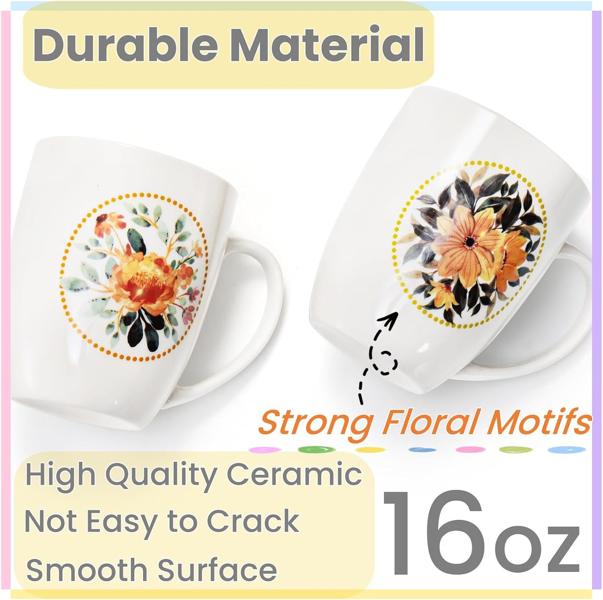 Tlence earthenware mugs displaying colorful floral patterns