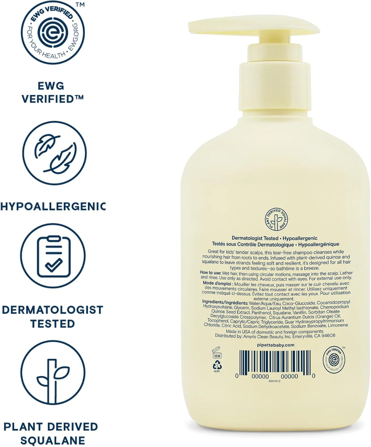 Pipette kids hair care bottle back label with instructions