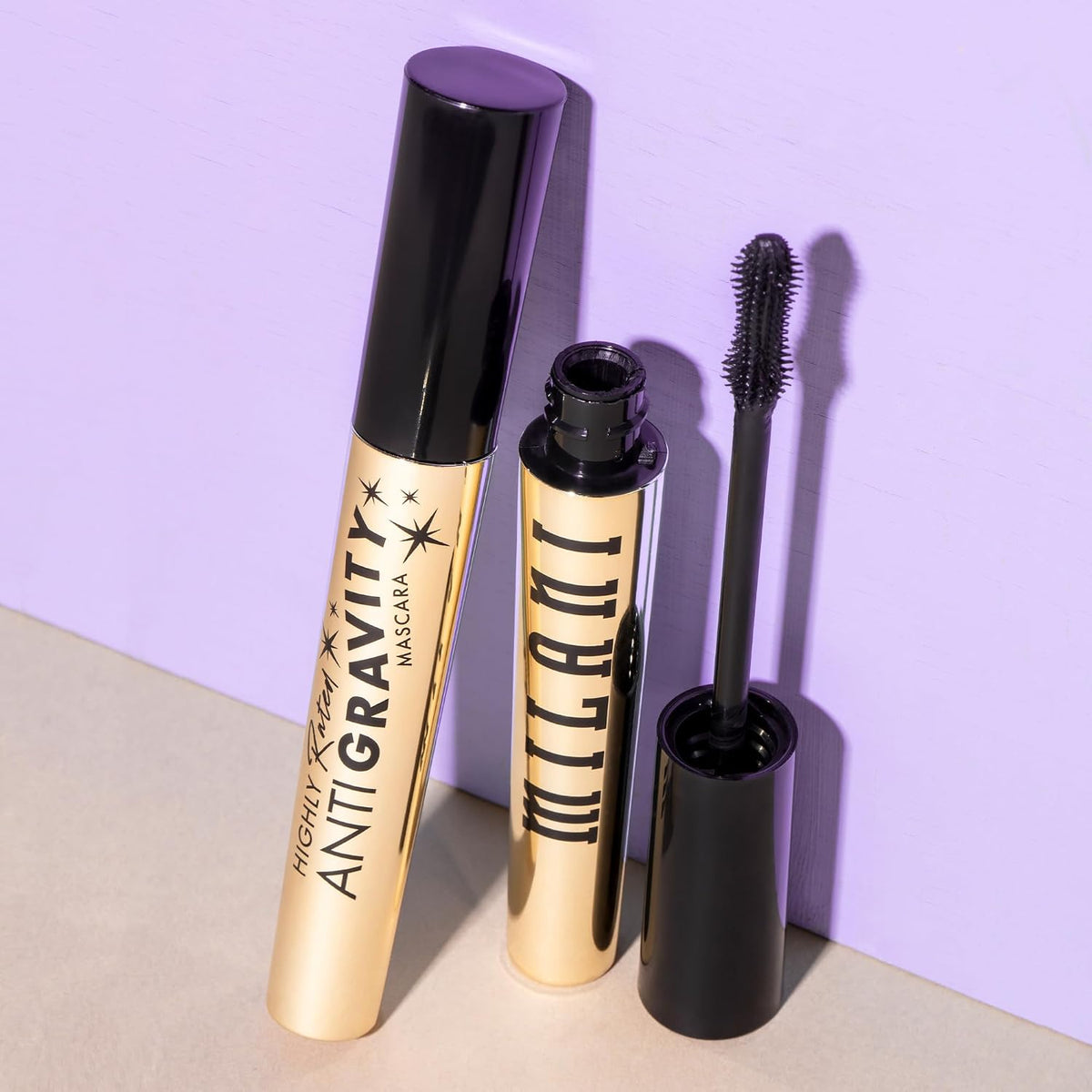 Milani castor oil infused black mascara side view display