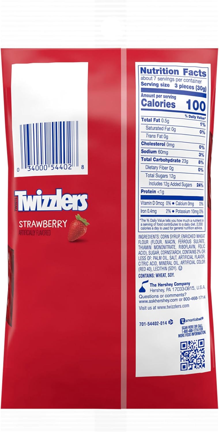 Twizzlers Strawberry Licorice Twists 7 Ounce packaging showing nutrition facts