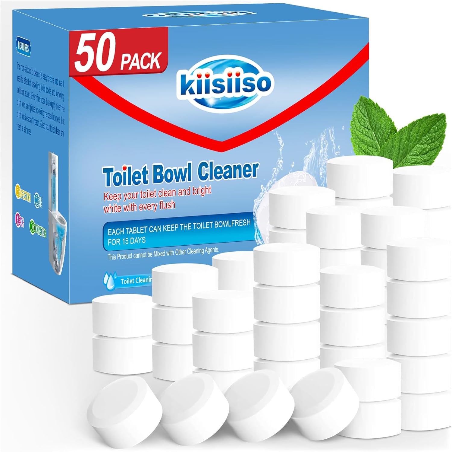 KIISIISO Toilet Bowl Cleaner Tablets 50 PACK, Automatic Bleach Toilet Tank Cleaners, Bathroom Long-Lasting Freshness, Slow-Releasing Powerful Deodorizing & Descaling - Image 1