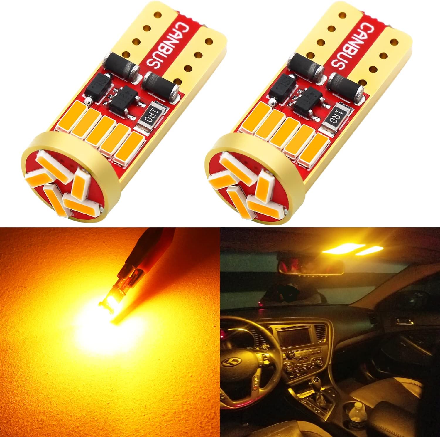 Phinlion 194 LED Amber Yellow Bulb front view showing 4014 SMD chipsets