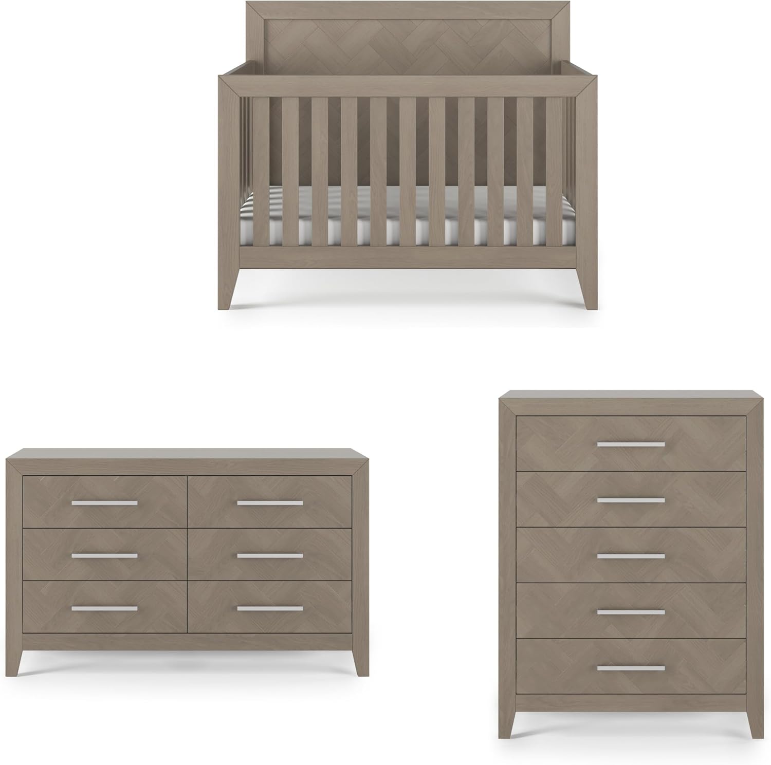 Child Craft Kieran Three Piece Nursery Set front view featuring gray convertible crib and matching dressers.
