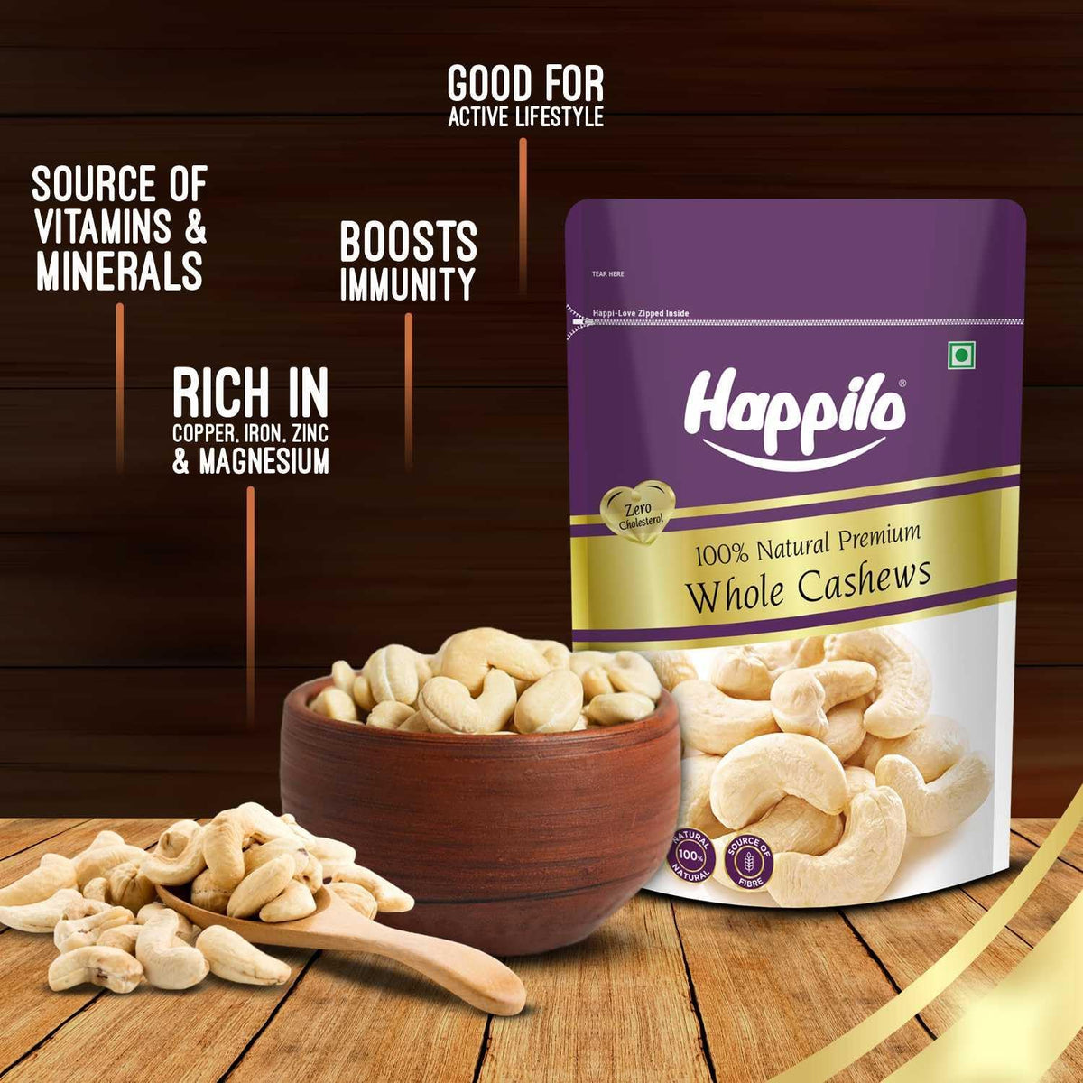 Premium whole cashew nuts pile lifestyle photography
