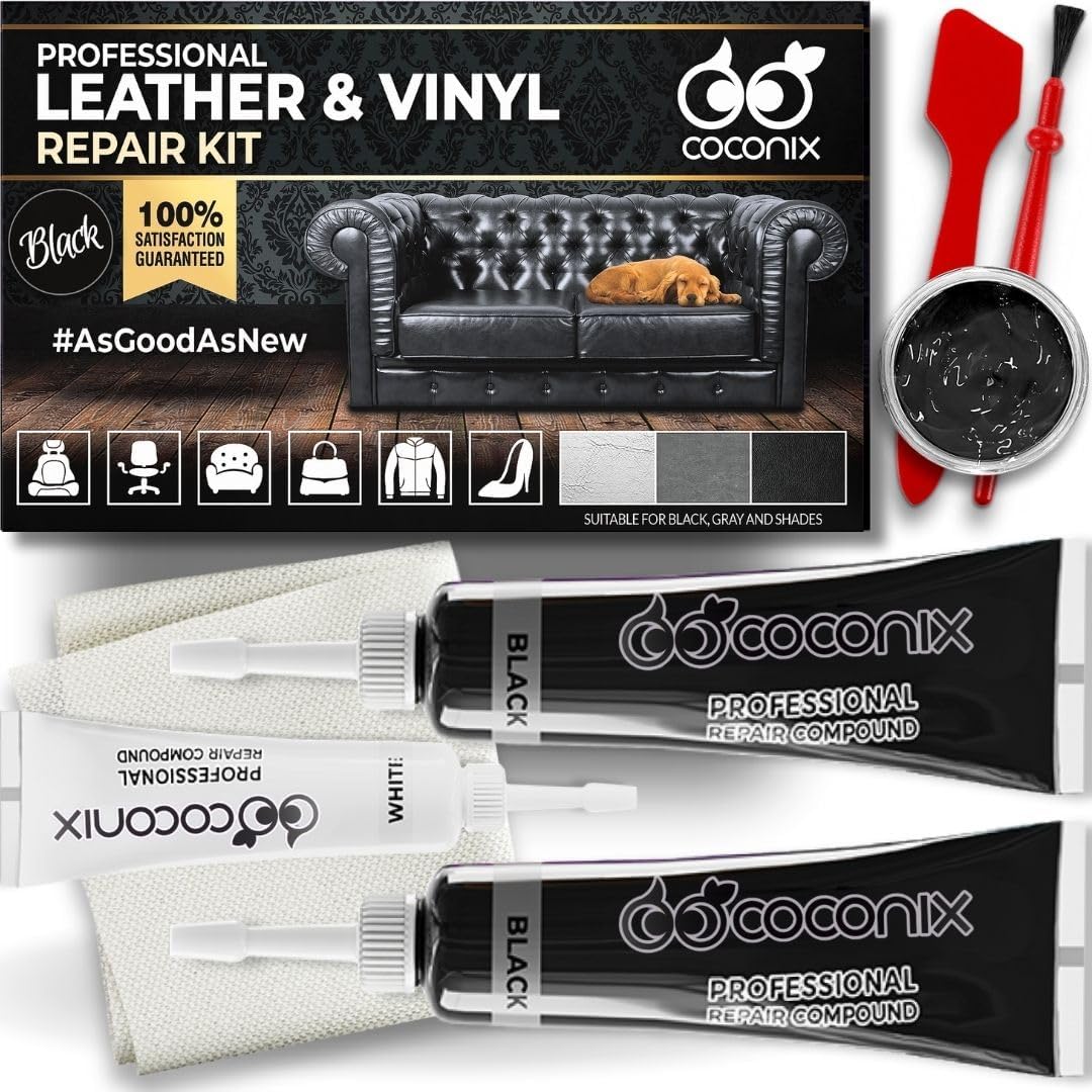 Coconix Leather Care PRO Professional Black Leather and Vinyl Repair Kit front view showcasing the packaging and liquid filler formula.