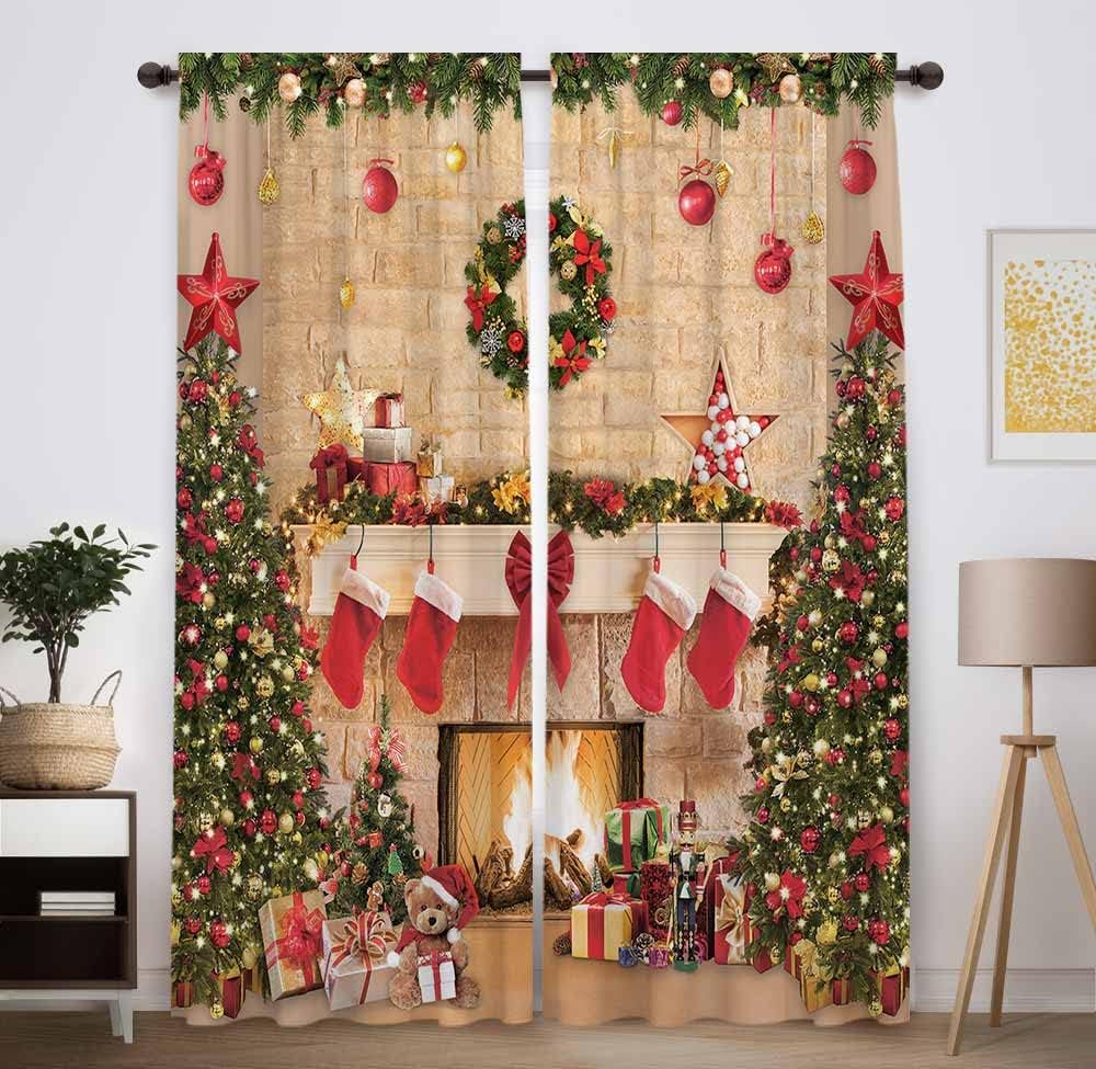 Funnytree Christmas Fireplace Window Curtains front view showing festive holiday hearth print