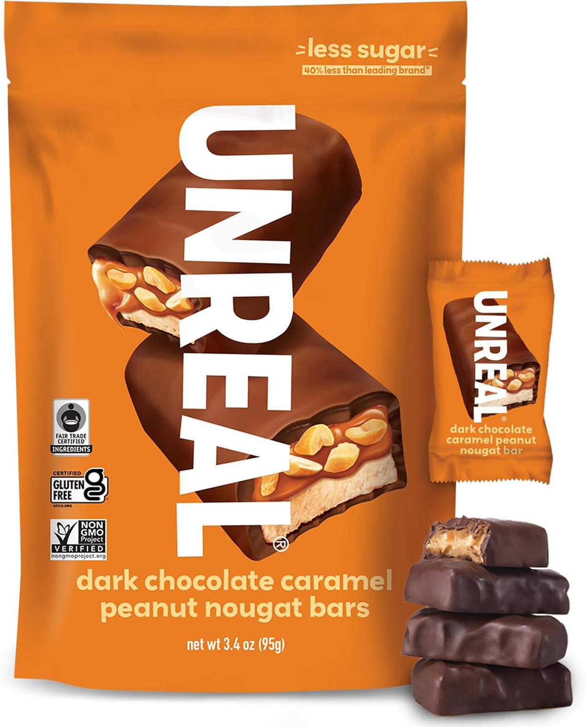 Unreal Dark Chocolate Caramel Peanut Nougat Bars, 30 Count, Individually Wrapped Chocolate Snack Bars, Made with Simple Ingredients, Gluten Free, Non-GMO, 40% Less Sugar, .67 oz Each - Image 10