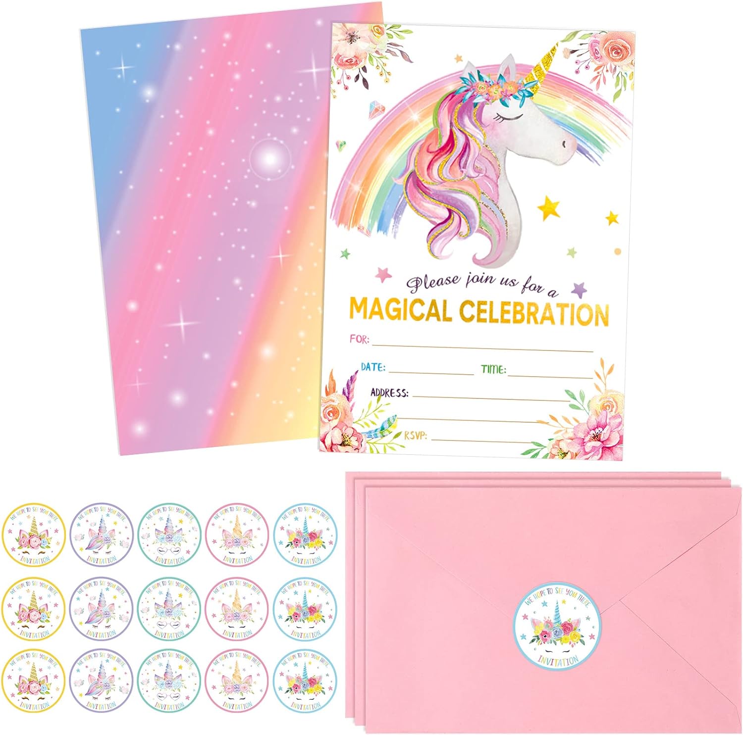 Spakon unicorn birthday invitation pack front view showing cards and envelopes