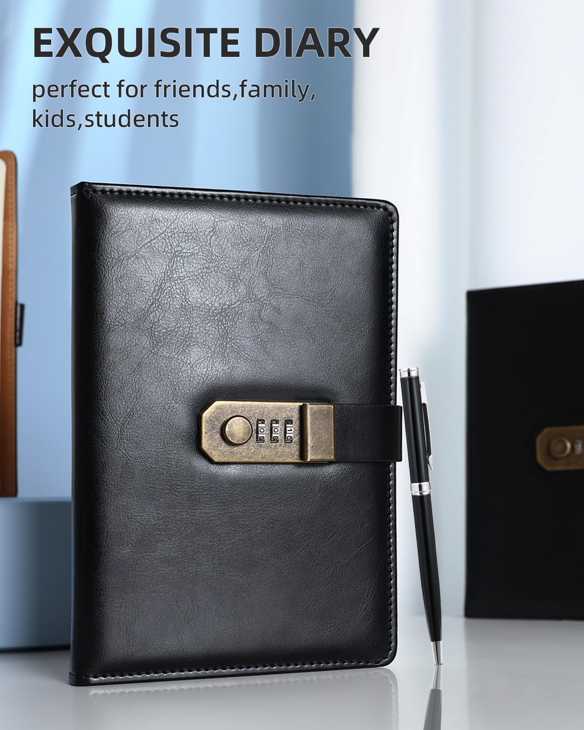 Nicpro A5 PU leather journal angled view with included metal pen