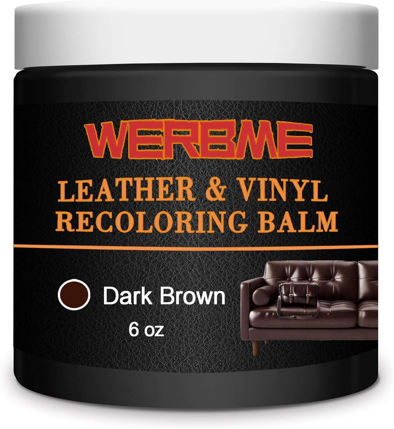 WERBME Leather Recoloring Balm dark brown six ounce jar front view
