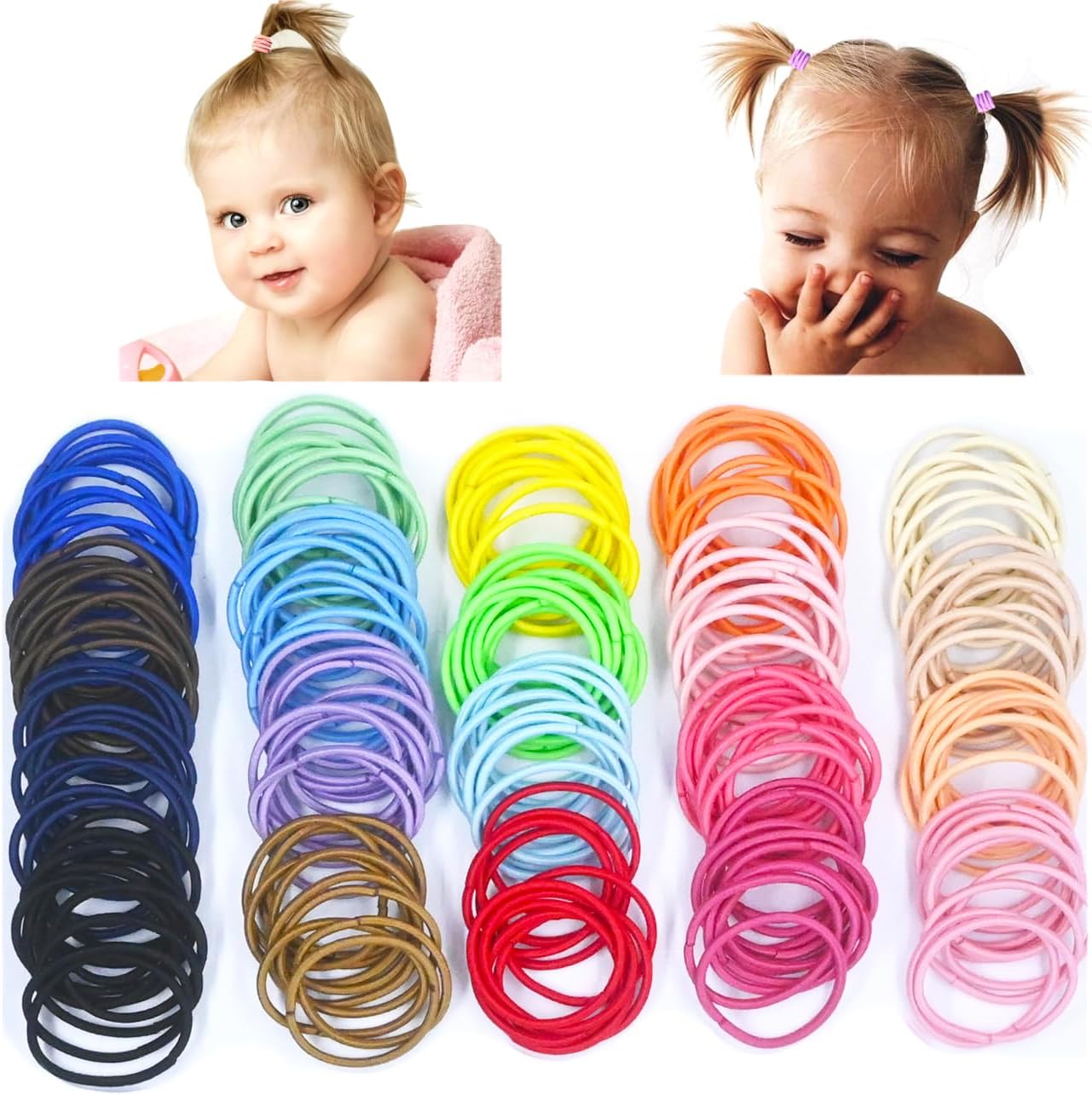 Qearl baby hair ties front view showing multicolor small nylon elastic bands.