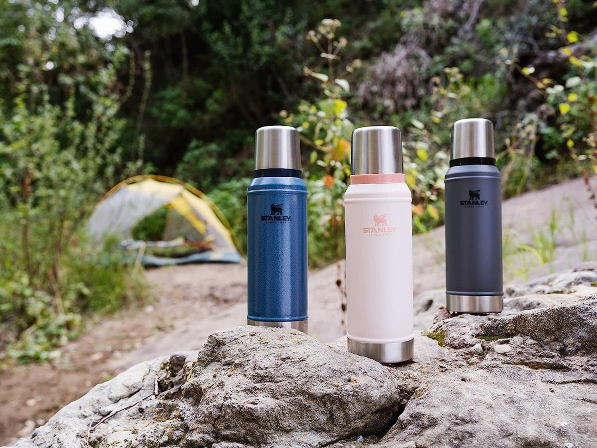 Side view of the authentic Stanley vacuum insulated travel thermos in premium Limestone colorway.
