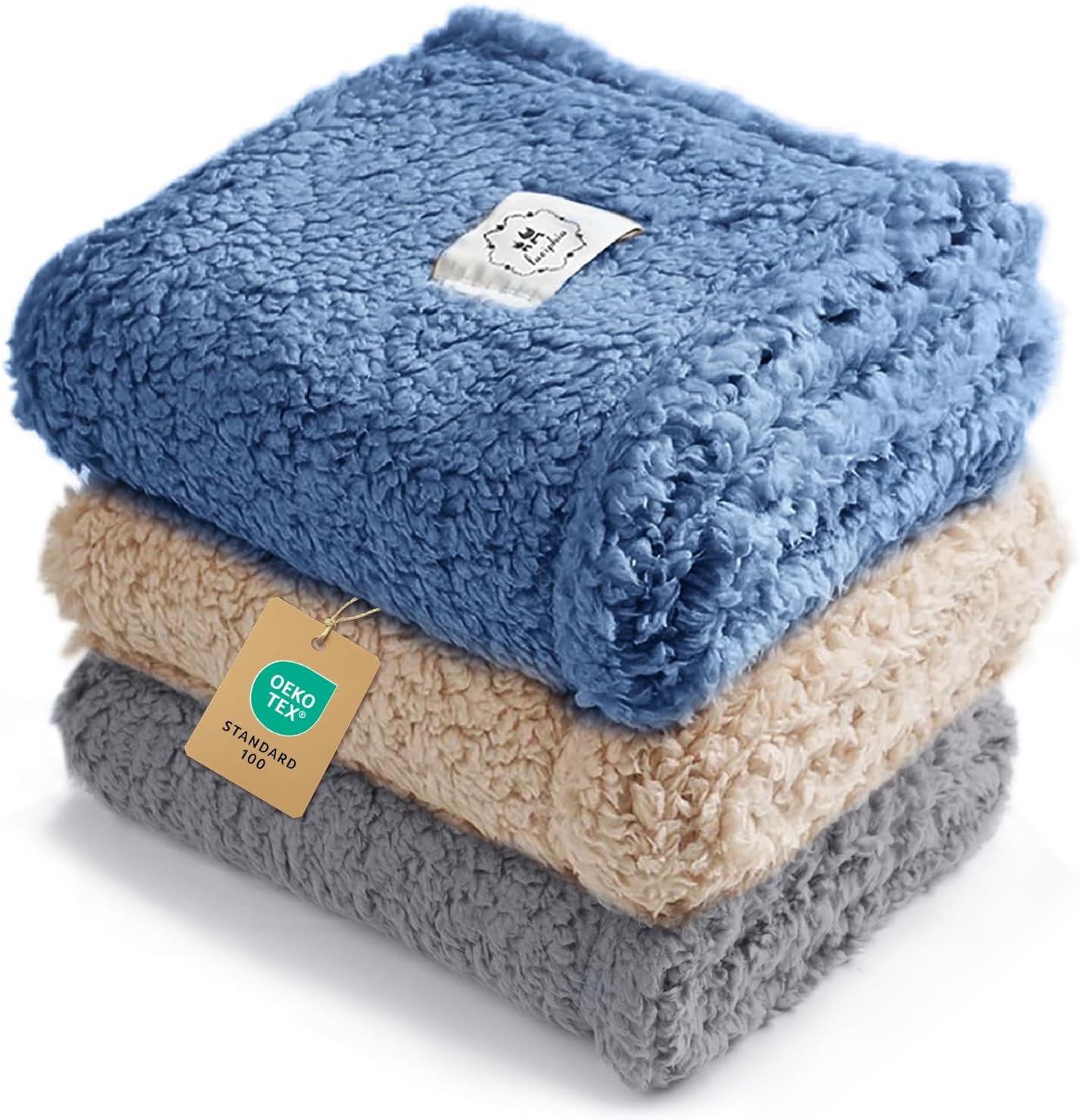 Luciphia Calming Dog Blanket front view showing three pack color options in grey beige and haze blue.