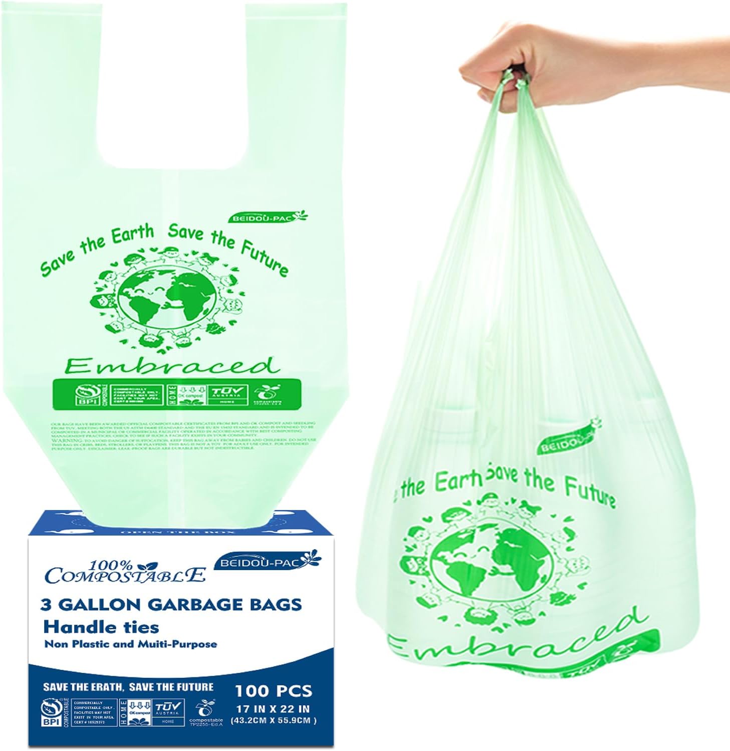 BEIDOU-PAC 100% Compostable Trash Bags 3 Gallon 100 Count front view biodegradable kitchen garbage bags.