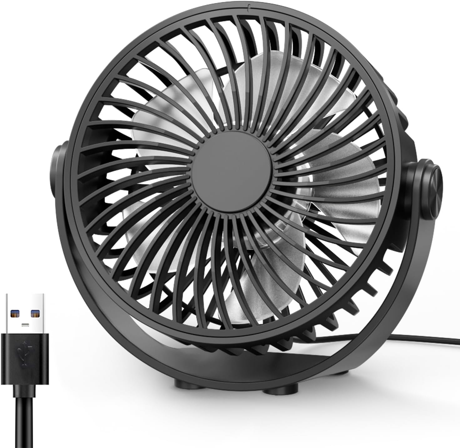 Edvision USB Desk Fan front view showcasing the black compact five inch aerodynamic frame and mesh grille.