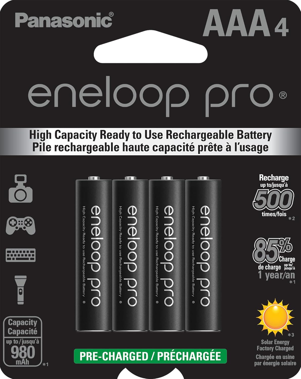 Panasonic eneloop pro AAA rechargeable batteries front view