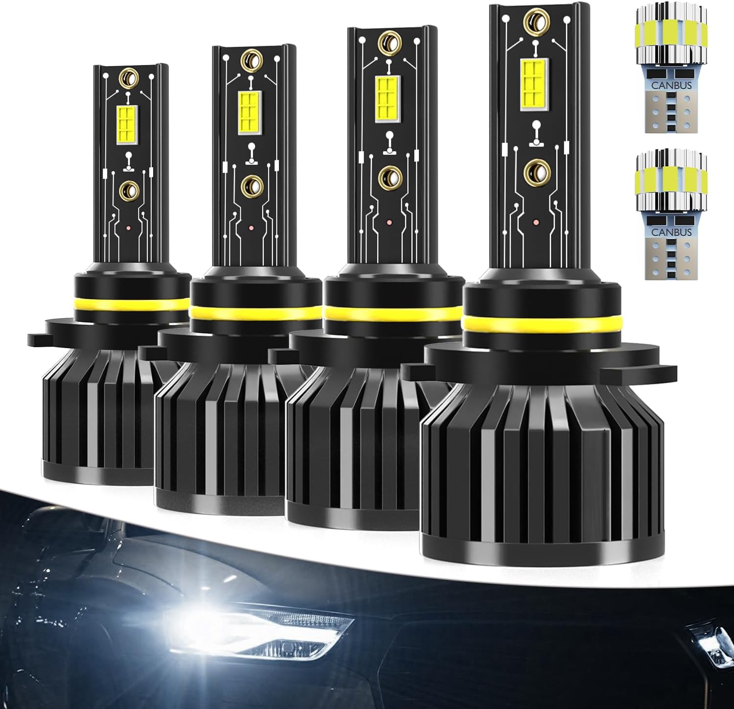 AXZPYON LED headlight bulbs high low beam combo front view displaying aviation aluminum body and integrated cooling fan